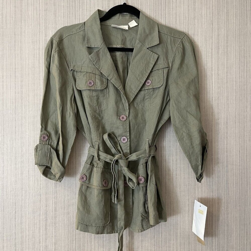 New DKNY Jeans Womens S Olive Green Belted Utility Jacket Linen 3/4 Sleeve Drab